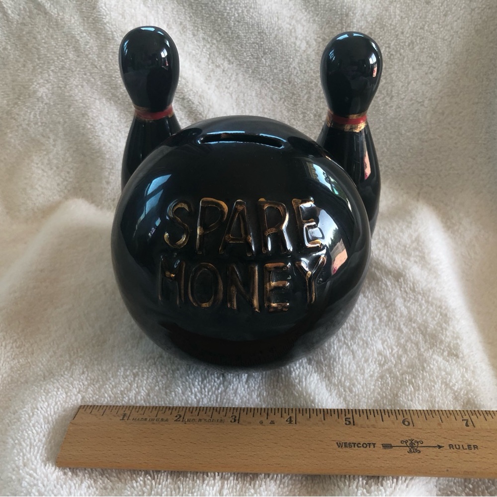 Vintage Black Bowling Ball & Pins Coin Bank
